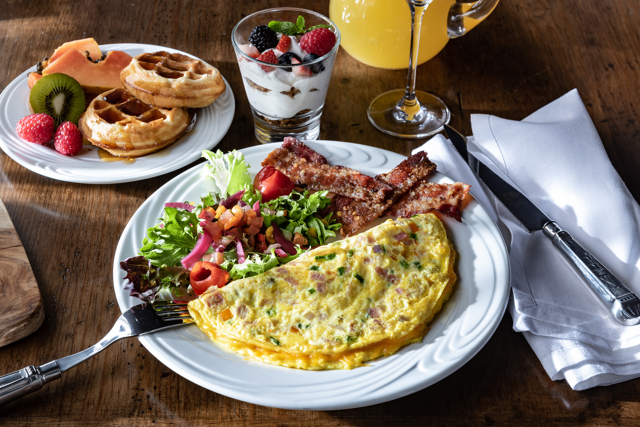 Breakfast with eggs steak and vegetables