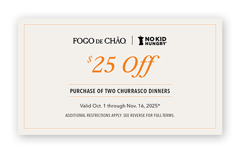 $25 towards two adult full churrasco dinners - september 21 - november 1 2020. Main Dining room only